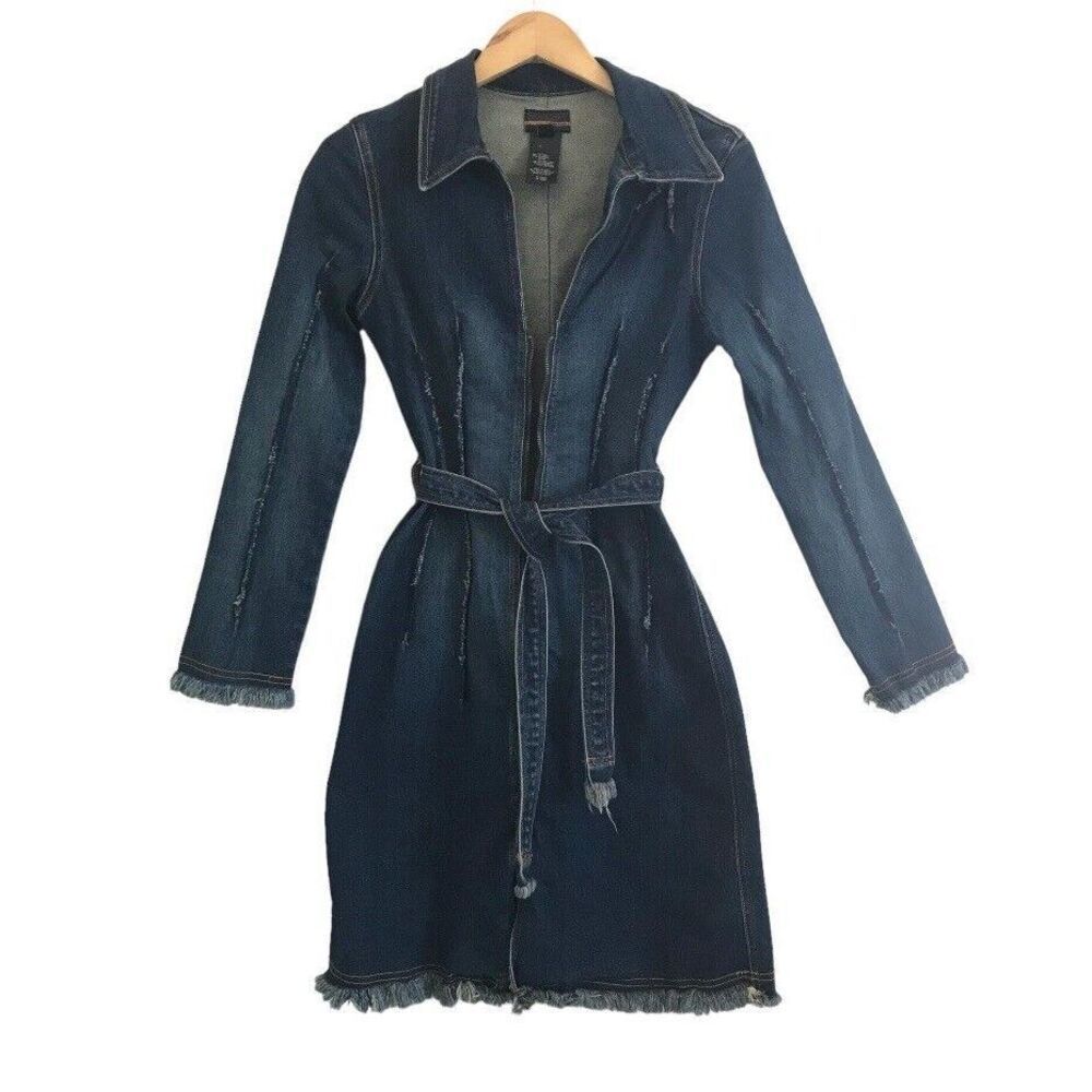 Vintage Bebe Frayed Long Denim Trench Women Size Medium Zipper Belted Blue Dress